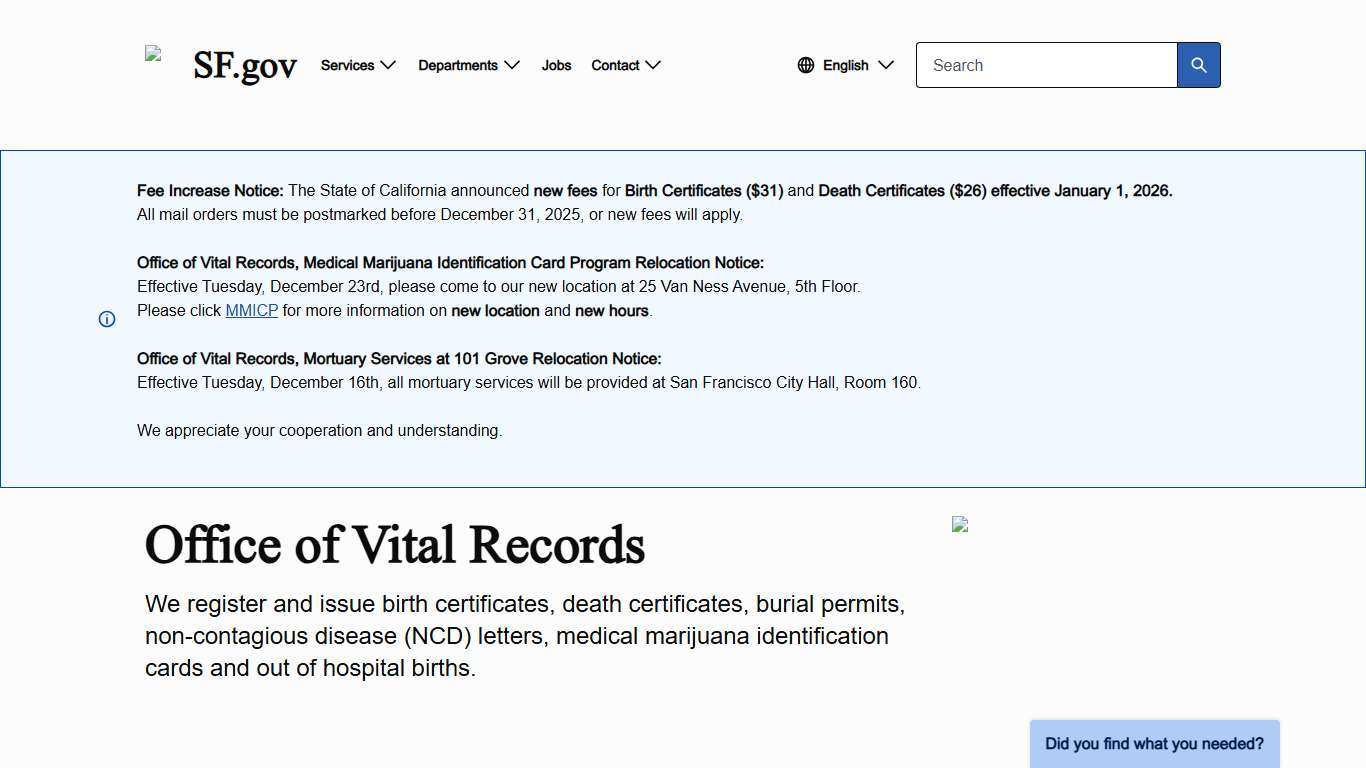 Office of Vital Records SF.gov