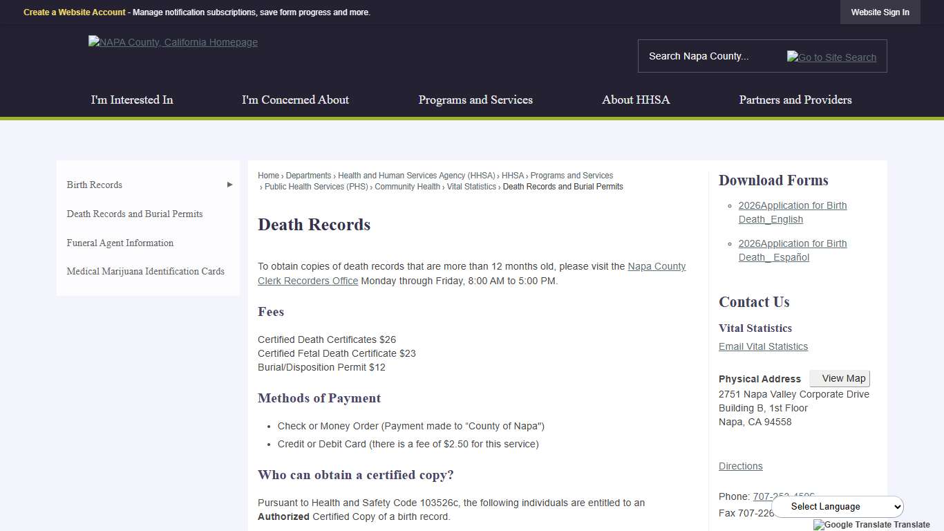 Death Records  Napa County, CA